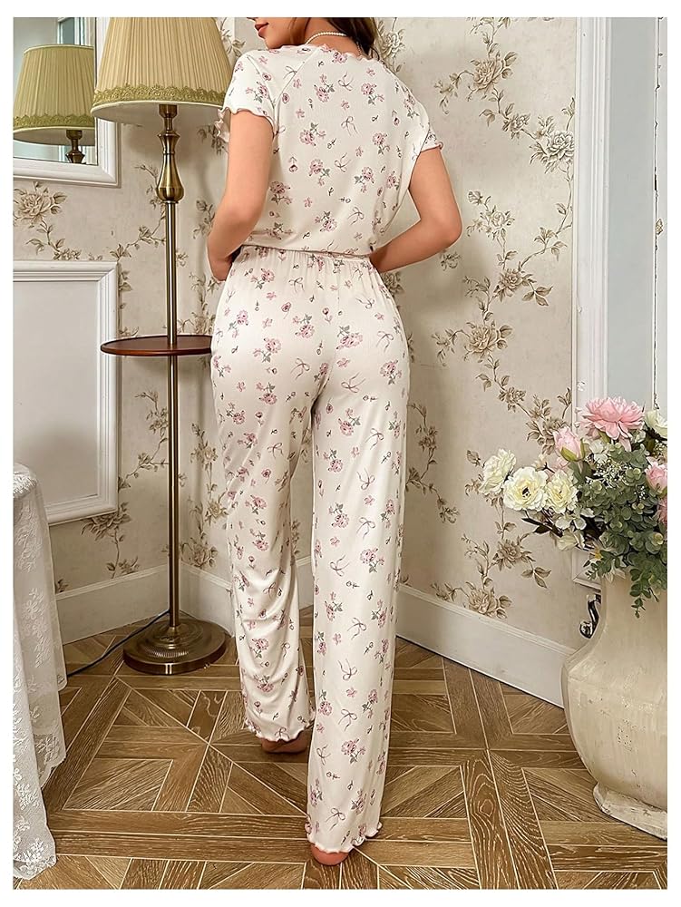 Verdusa Women's 2 Piece Floral Print Lettuce Trim Pajama Set